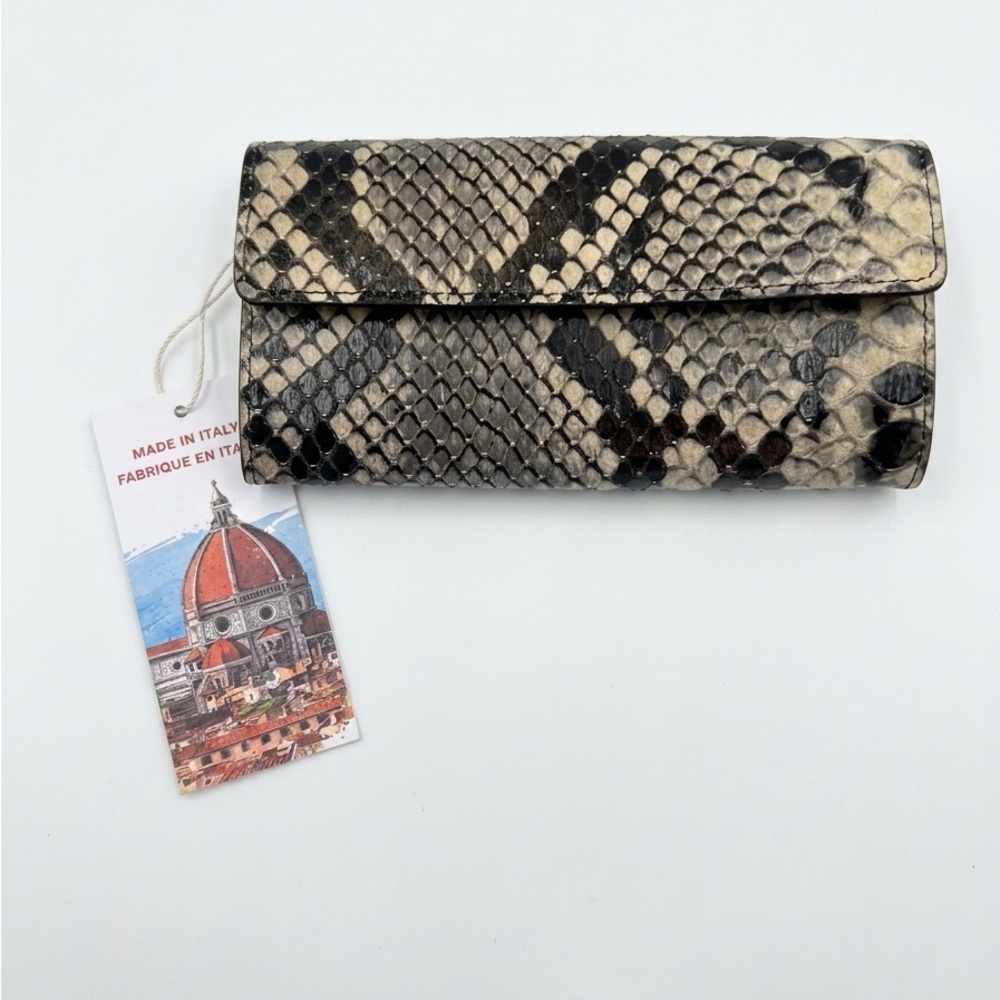 Isadora Python-Texture Leather Clutch Wallet in Black and Cream